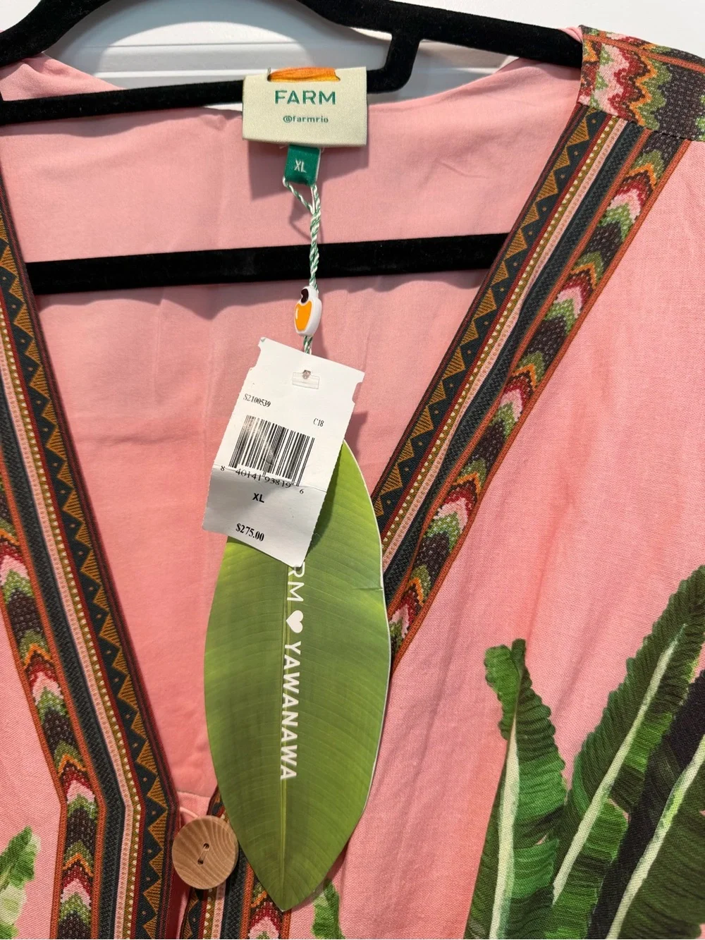 FARM Rio Pink Maxi Dress with Green Tropical Leaf Motif and Black Border - Picture 3 of 3